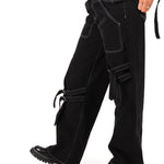 Black Contrast Stitch & Buckle Straight Leg Jeans - Liquor n Poker