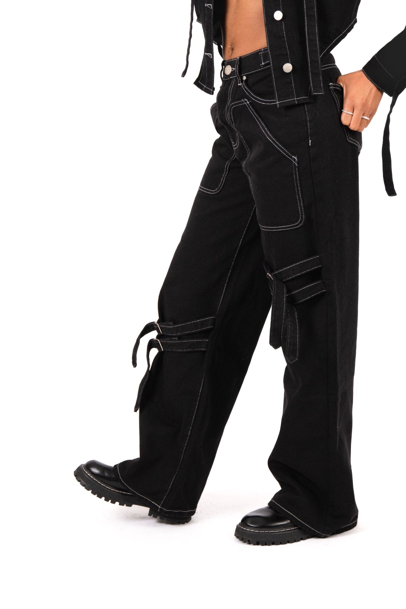 Black Contrast Stitch & Buckle Straight Leg Jeans - Liquor n Poker