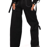 Black Contrast Stitch & Buckle Straight Leg Jeans - Liquor n Poker