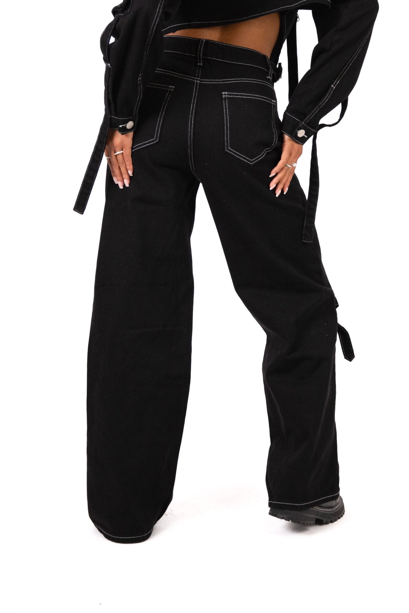 Black Contrast Stitch & Buckle Straight Leg Jeans - Liquor n Poker