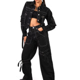 Black Contrast Stitch & Buckle Straight Leg Jeans - Liquor n Poker