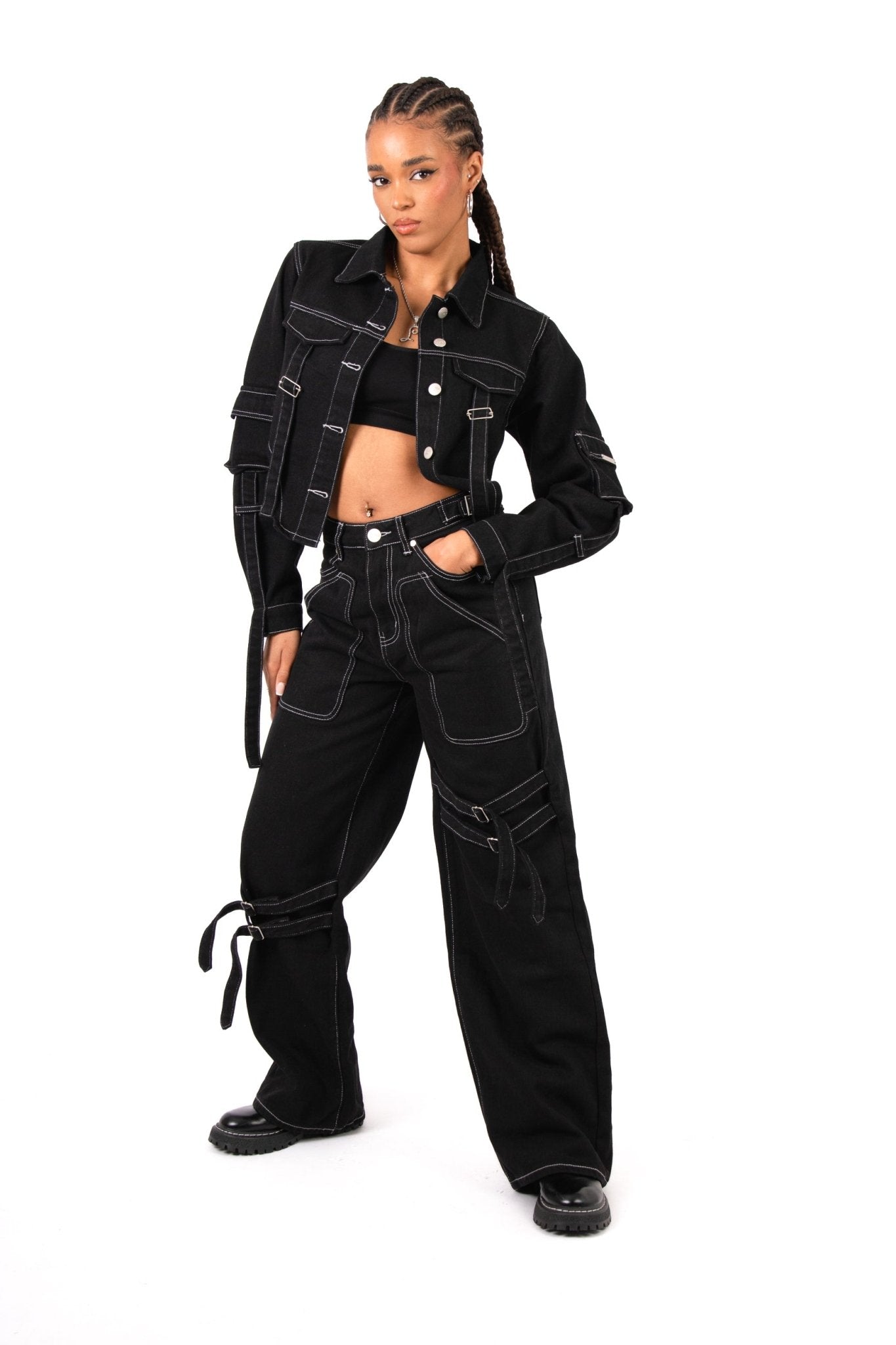 Black Contrast Stitch & Buckle Straight Leg Jeans - Liquor n Poker