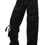 Black Contrast Stitch & Buckle Straight Leg Jeans - Liquor n Poker