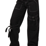Black Contrast Stitch & Buckle Straight Leg Jeans - Liquor n Poker