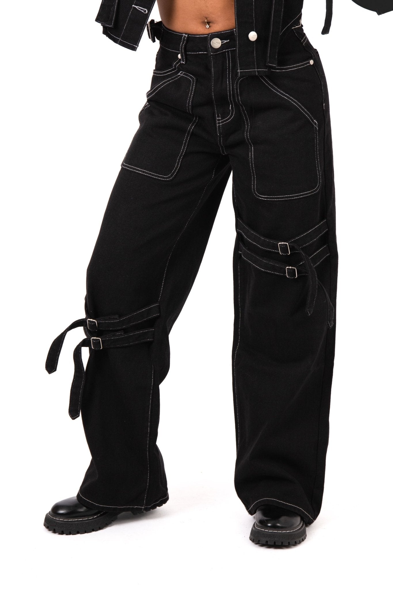 Black Contrast Stitch & Buckle Straight Leg Jeans - Liquor n Poker