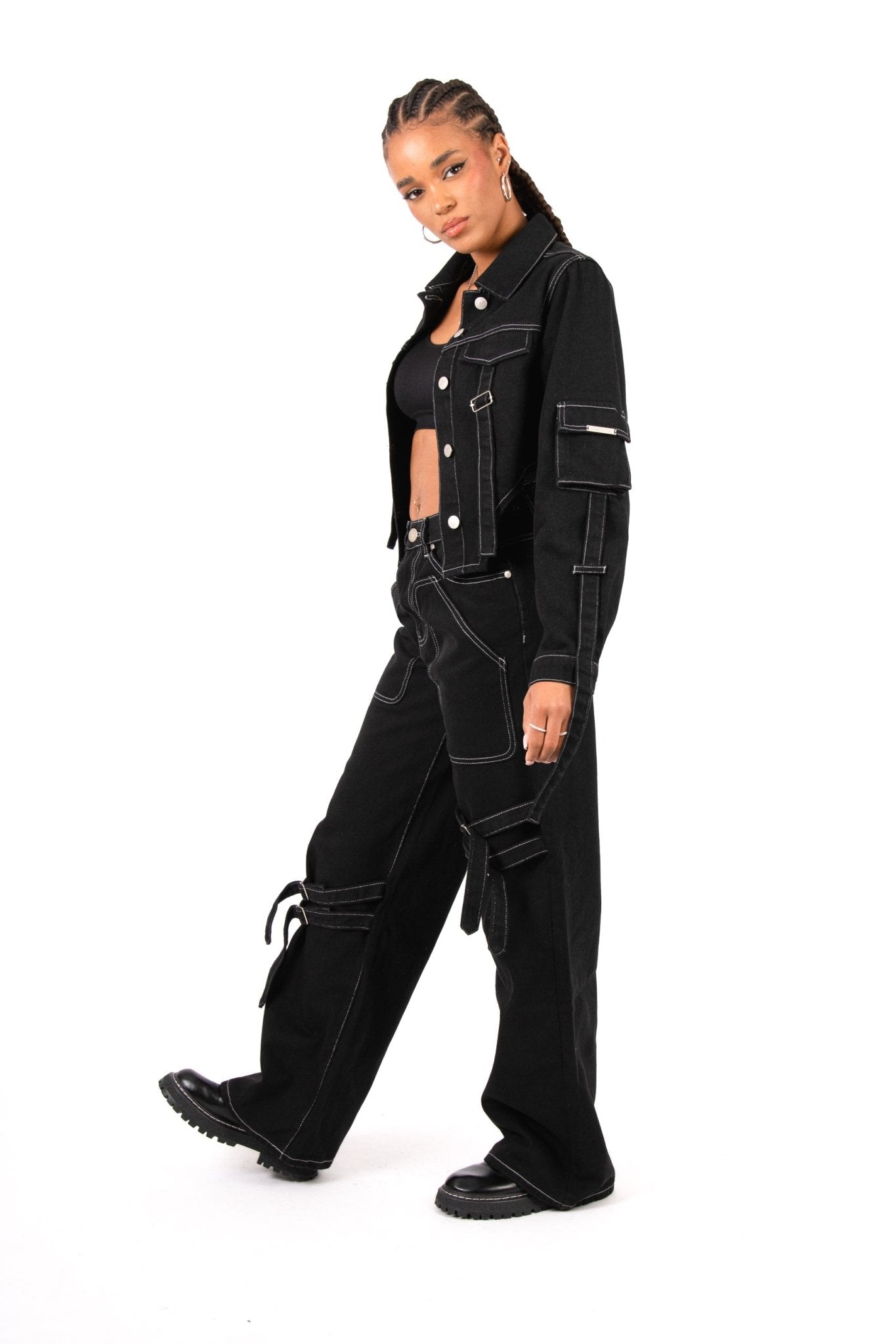 Black Contrast Stitch & Buckle Straight Leg Jeans - Liquor n Poker