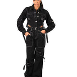 Black Contrast Stitch & Buckle Straight Leg Jeans - Liquor n Poker