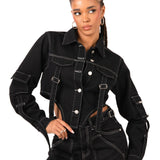 Black Contrast Stitch & Utility Pocket Cropped Denim Jacket - Liquor n Poker