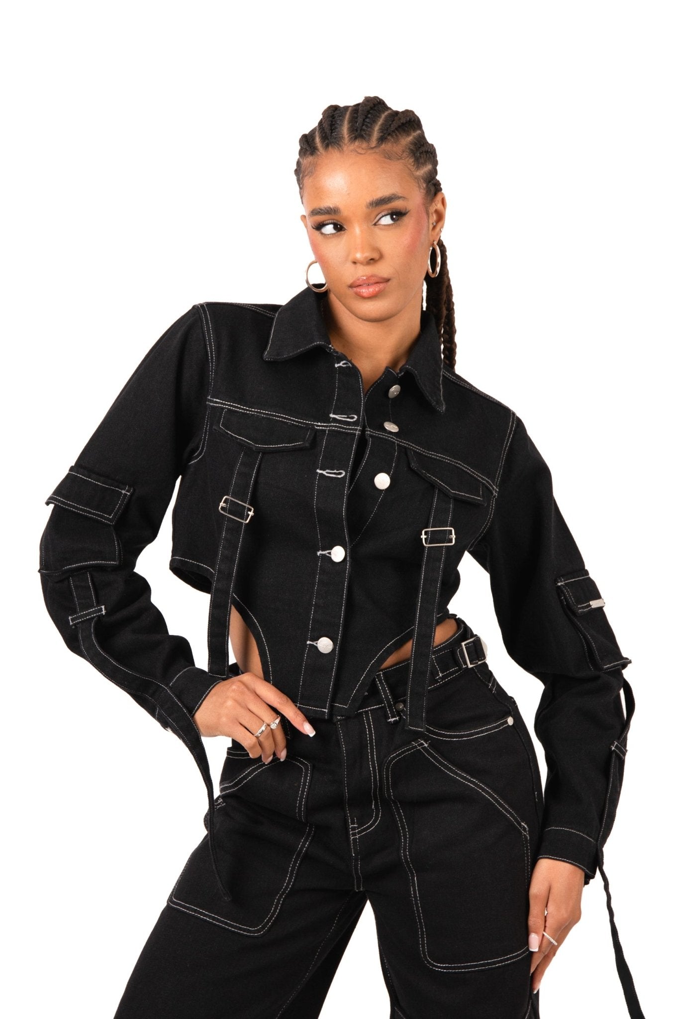 Black Contrast Stitch & Utility Pocket Cropped Denim Jacket - Liquor n Poker