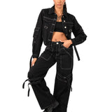 Black Contrast Stitch & Utility Pocket Cropped Denim Jacket - Liquor n Poker