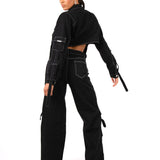 Black Contrast Stitch & Utility Pocket Cropped Denim Jacket - Liquor n Poker