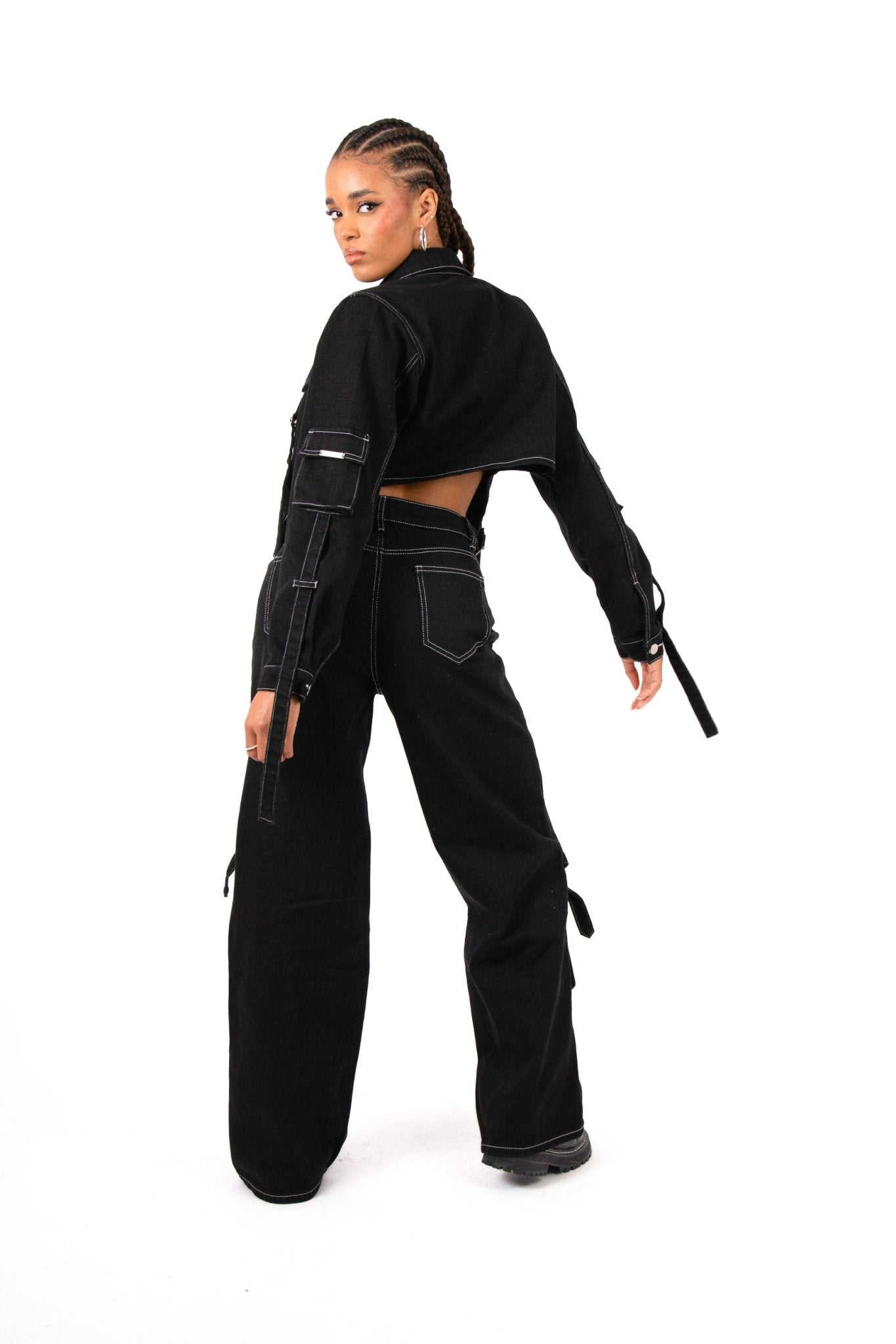 Black Contrast Stitch & Utility Pocket Cropped Denim Jacket - Liquor n Poker