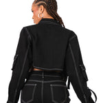 Black Contrast Stitch & Utility Pocket Cropped Denim Jacket - Liquor n Poker
