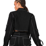 Black Contrast Stitch & Utility Pocket Cropped Denim Jacket - Liquor n Poker