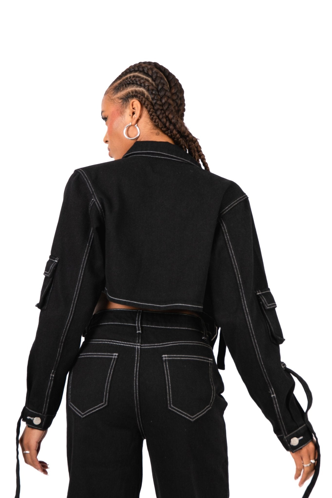 Black Contrast Stitch & Utility Pocket Cropped Denim Jacket - Liquor n Poker