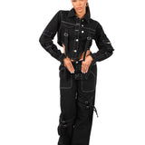 Black Contrast Stitch & Utility Pocket Cropped Denim Jacket - Liquor n Poker