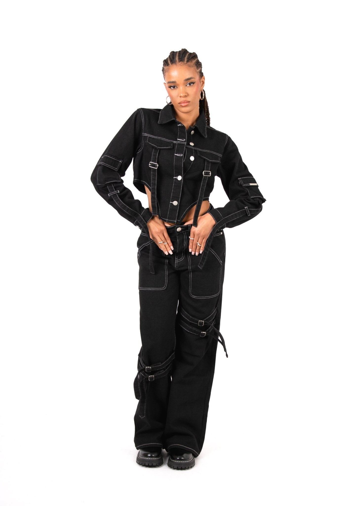 Black Contrast Stitch & Utility Pocket Cropped Denim Jacket - Liquor n Poker