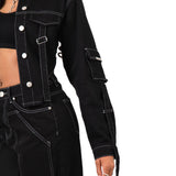 Black Contrast Stitch & Utility Pocket Cropped Denim Jacket - Liquor n Poker