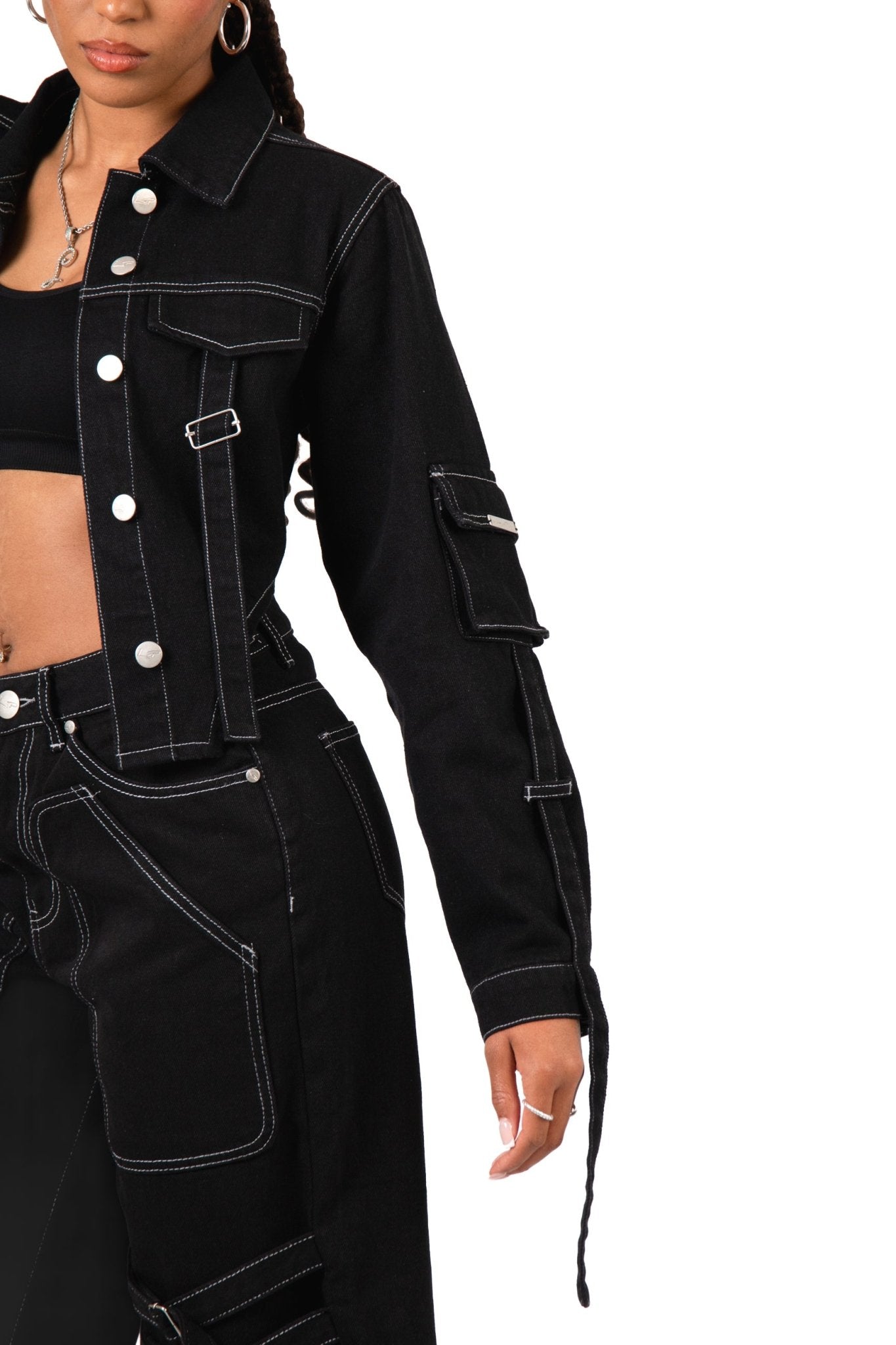 Black Contrast Stitch & Utility Pocket Cropped Denim Jacket - Liquor n Poker