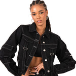 Black Contrast Stitch & Utility Pocket Cropped Denim Jacket - Liquor n Poker