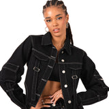 Black Contrast Stitch & Utility Pocket Cropped Denim Jacket - Liquor n Poker