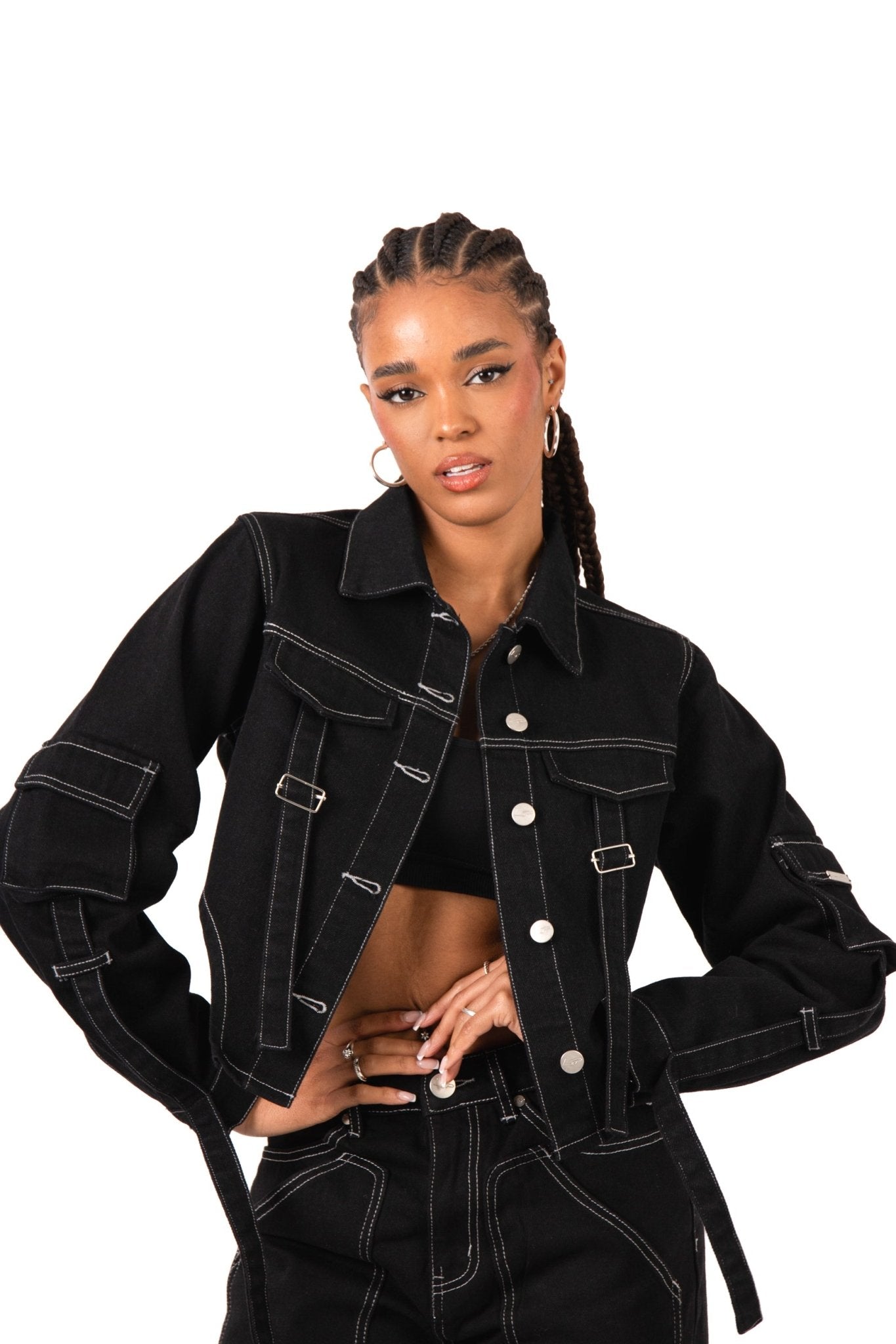 Black Contrast Stitch & Utility Pocket Cropped Denim Jacket - Liquor n Poker