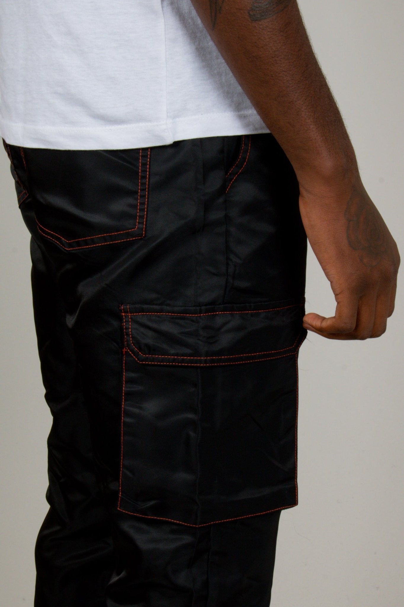 Black Out Nylon Cargo Trouser With Neon Orange Stitch - Liquor n Poker