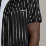 Black Pinstripe Revere Collar Short Sleeve Shirt - Liquor n Poker