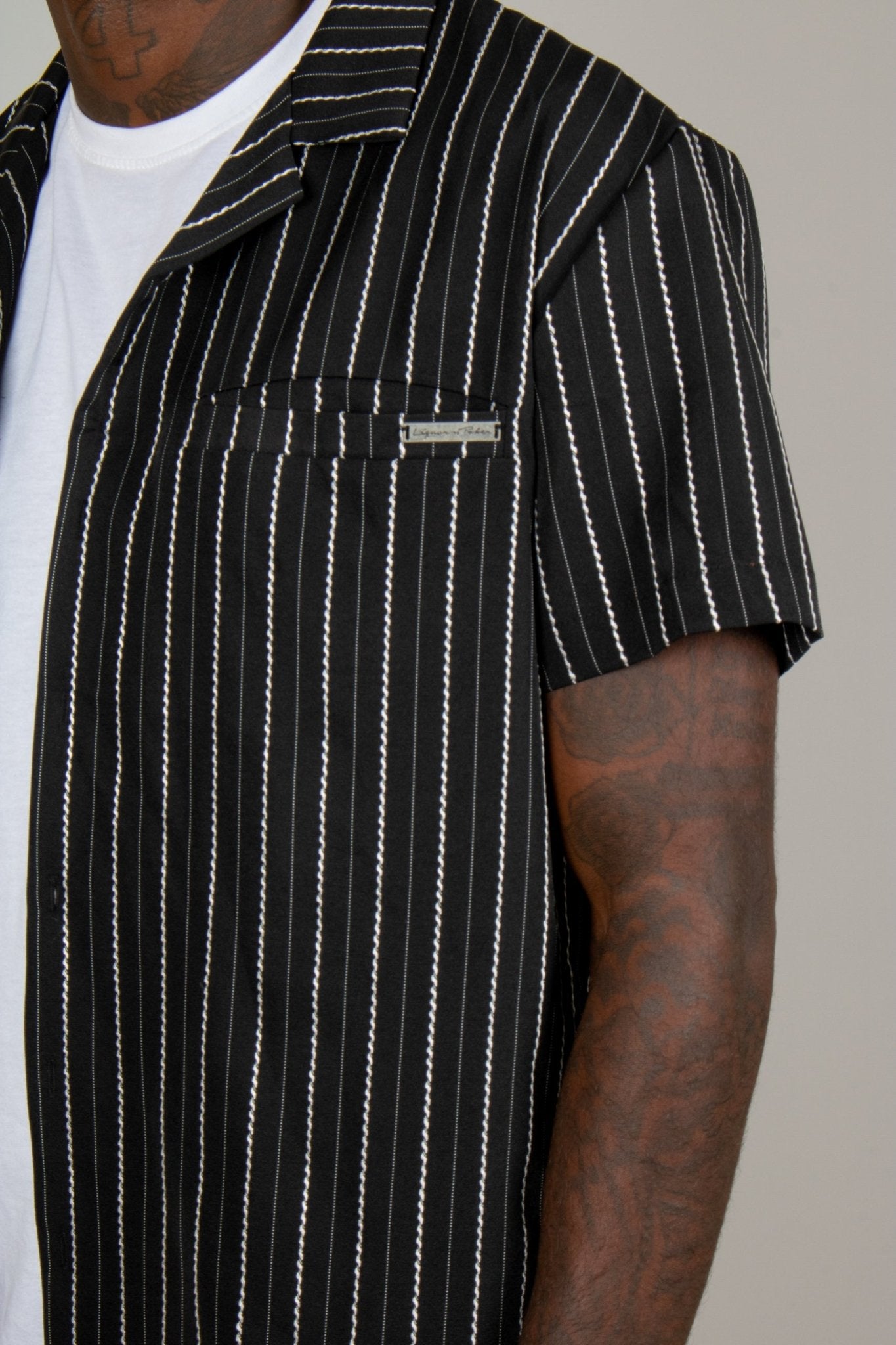 Black Pinstripe Revere Collar Short Sleeve Shirt - Liquor n Poker