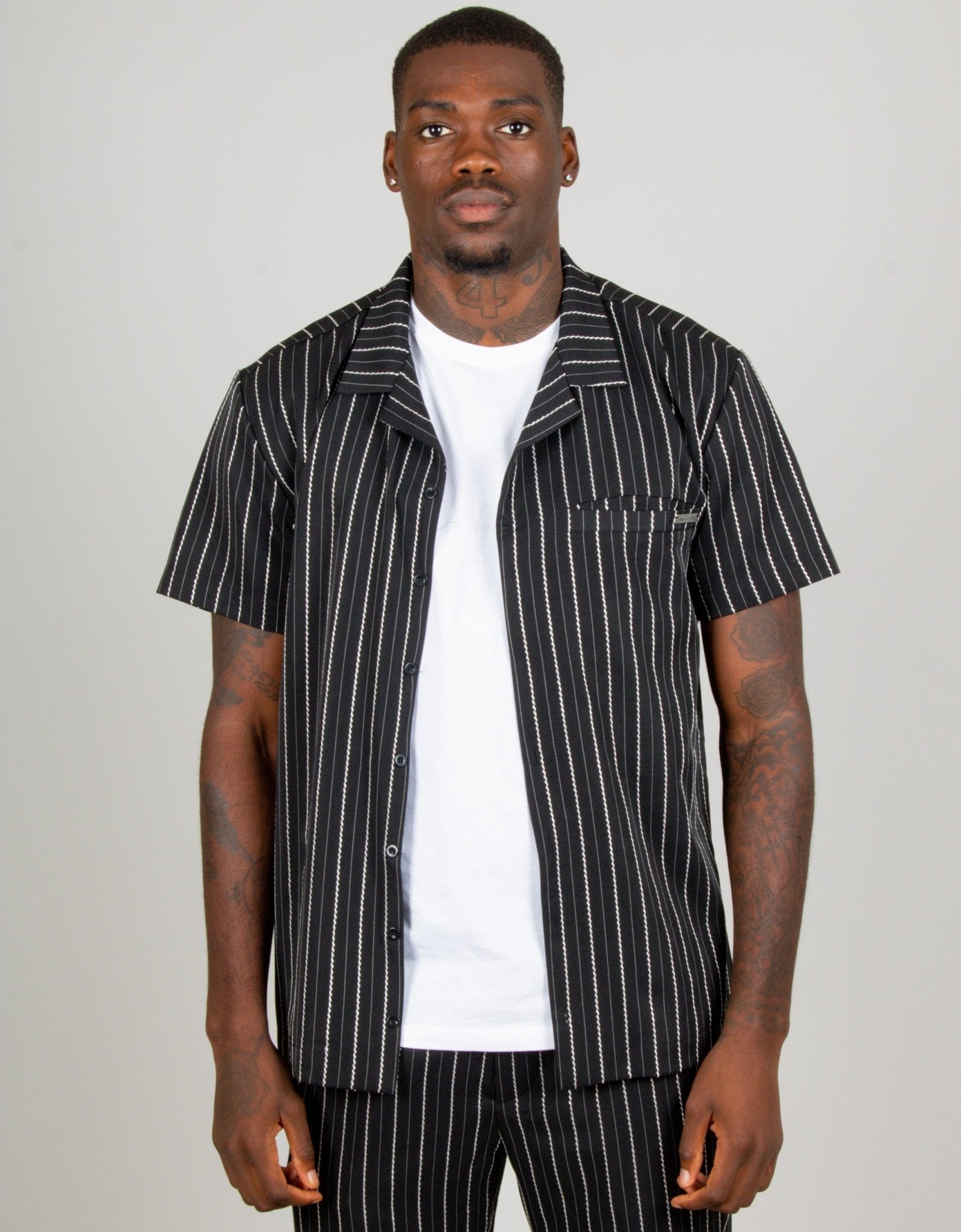 Black Pinstripe Revere Collar Short Sleeve Shirt - Liquor n Poker