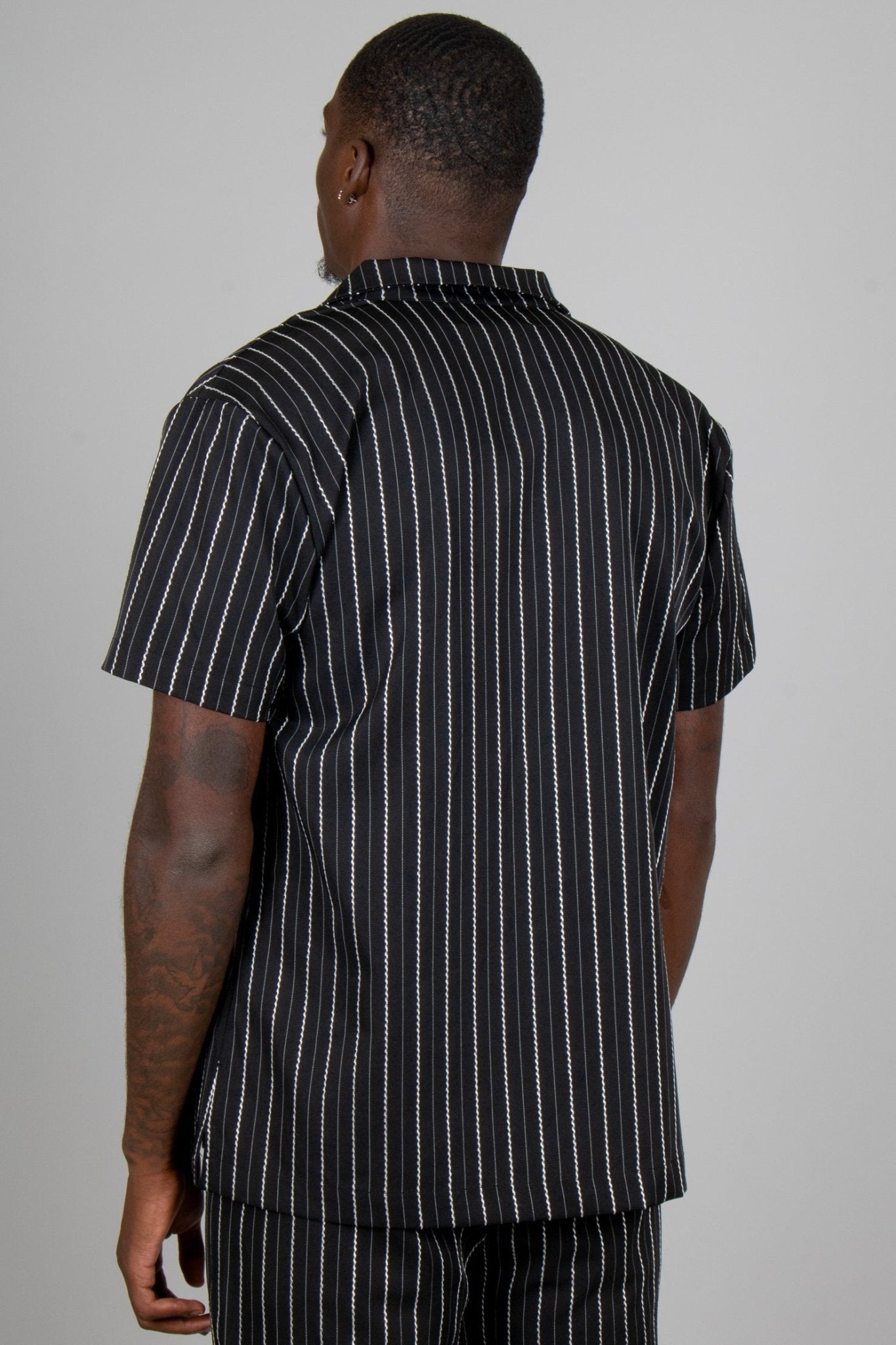 Black Pinstripe Revere Collar Short Sleeve Shirt - Liquor n Poker