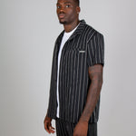 Black Pinstripe Revere Collar Short Sleeve Shirt - Liquor n Poker