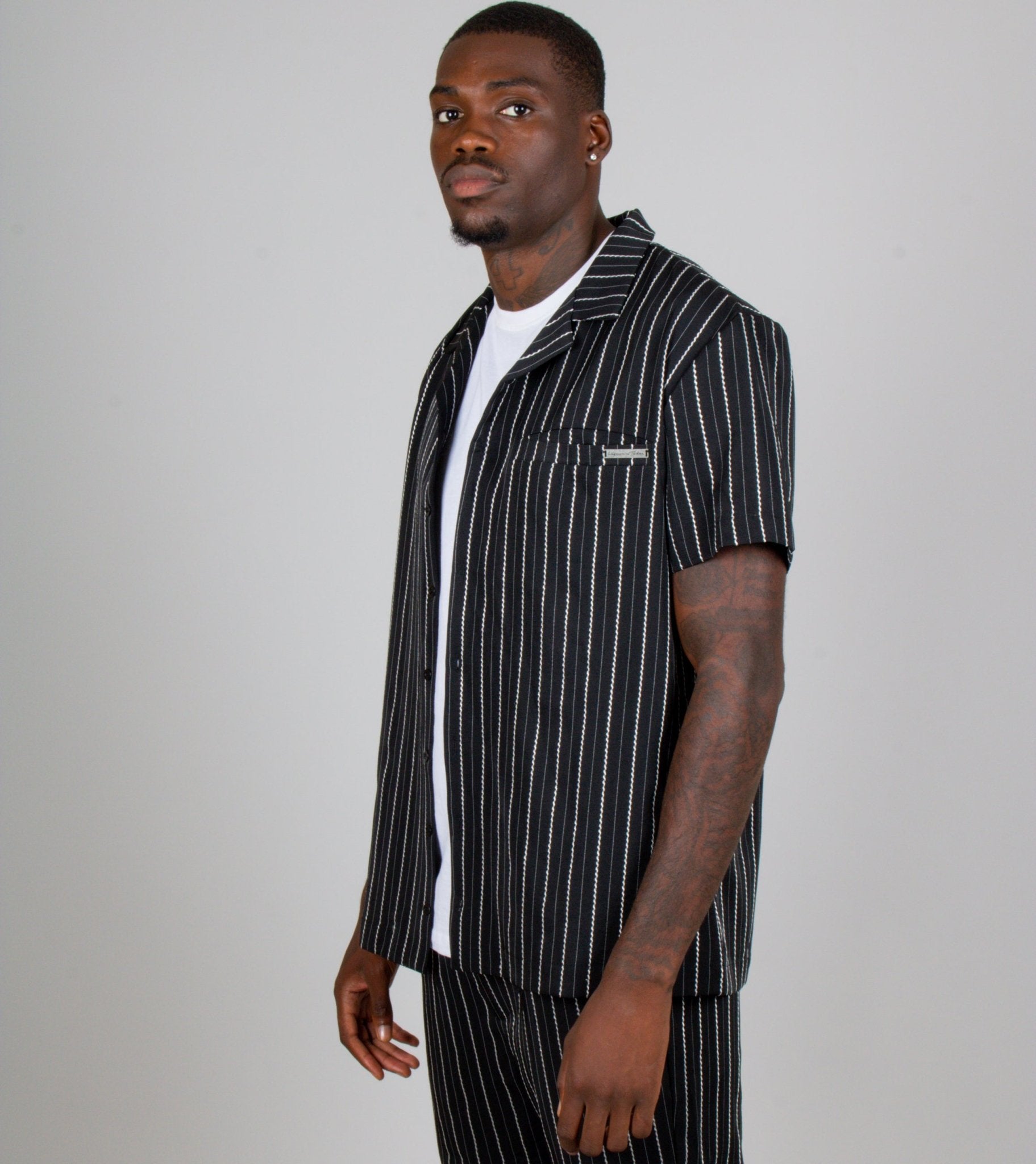 Black Pinstripe Revere Collar Short Sleeve Shirt - Liquor n Poker