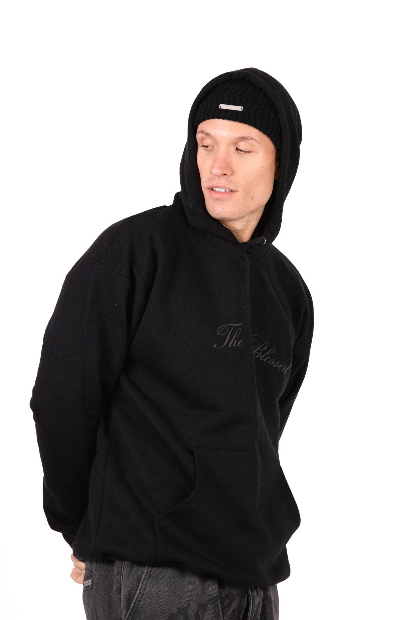 Black Printed 'The Blessed 01' Motif Hoodie - Liquor n Poker