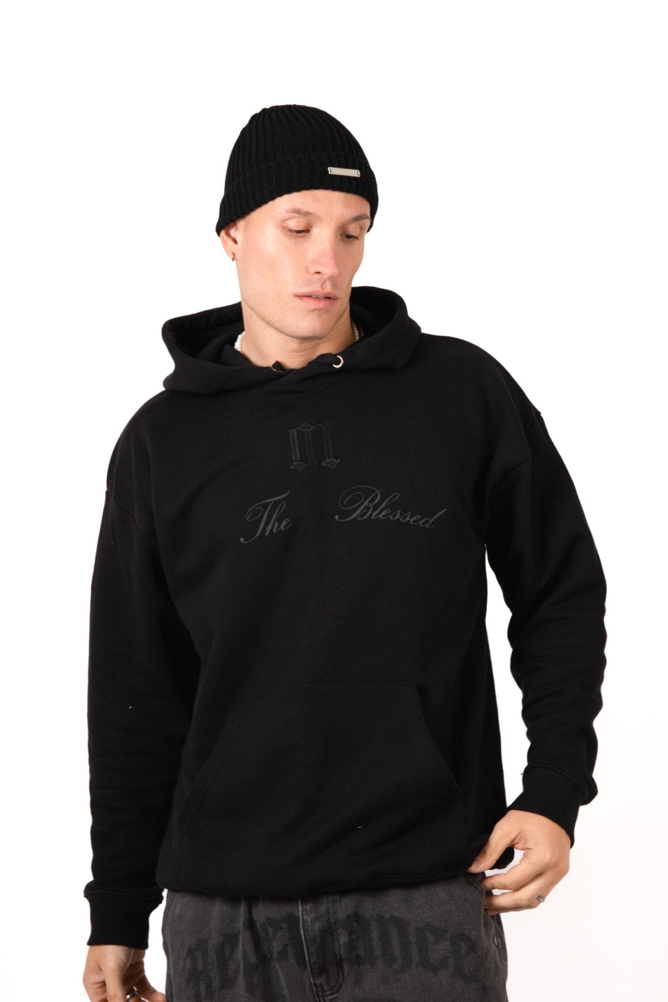Black Printed 'The Blessed 01' Motif Hoodie - Liquor n Poker