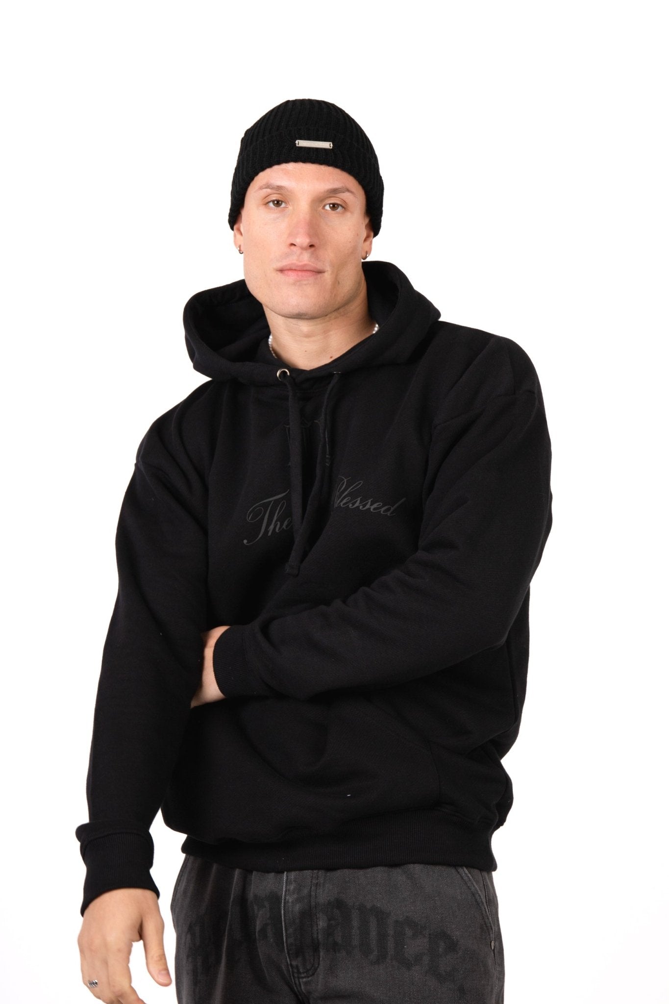 Black Printed 'The Blessed 01' Motif Hoodie - Liquor n Poker