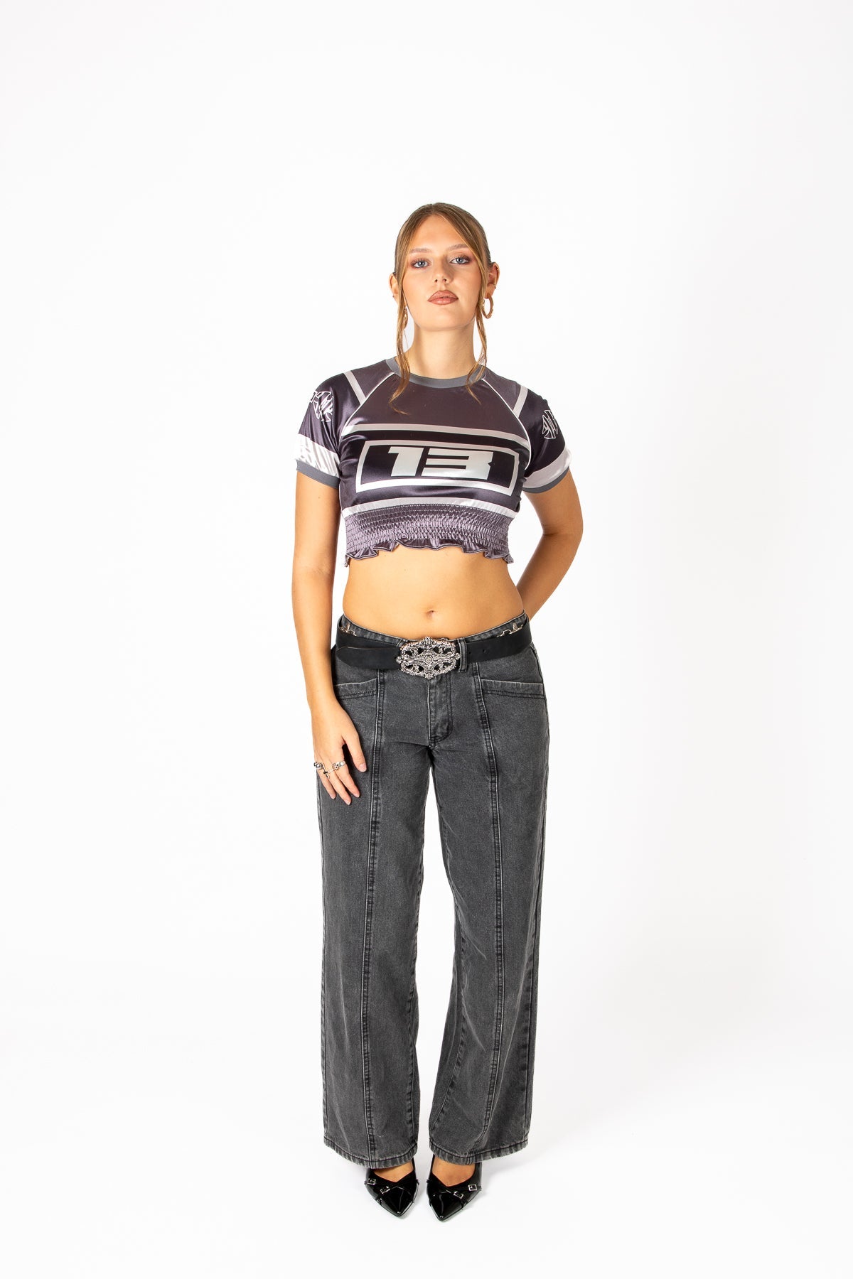 Black Ruched Varsity Cropped Tee - Liquor n Poker