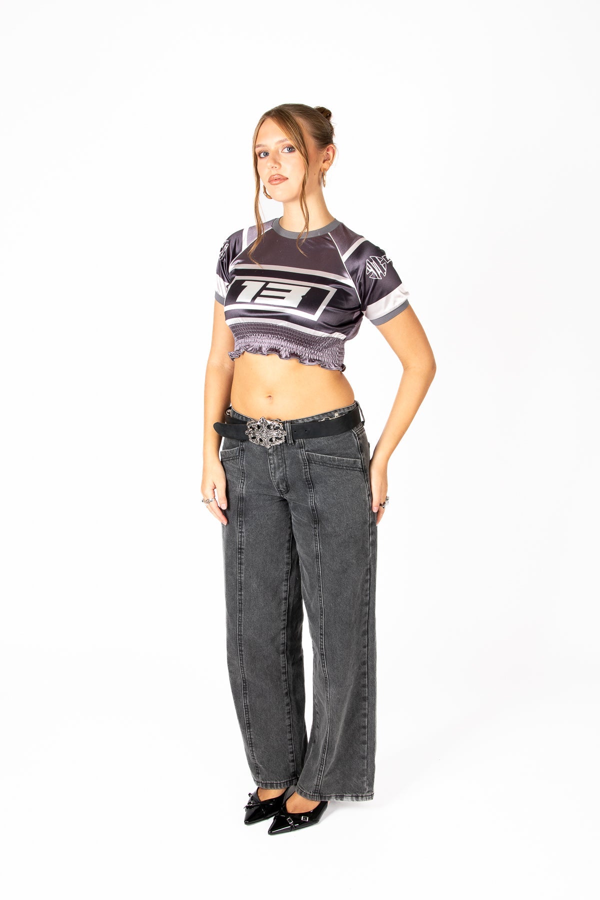 Black Ruched Varsity Cropped Tee - Liquor n Poker