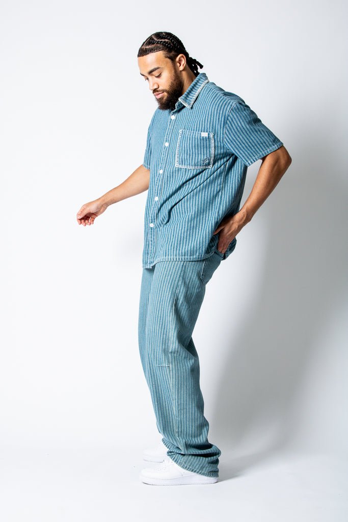 Blue Baggy Pinstripe Jeans With Embroidered Seam - Liquor n Poker