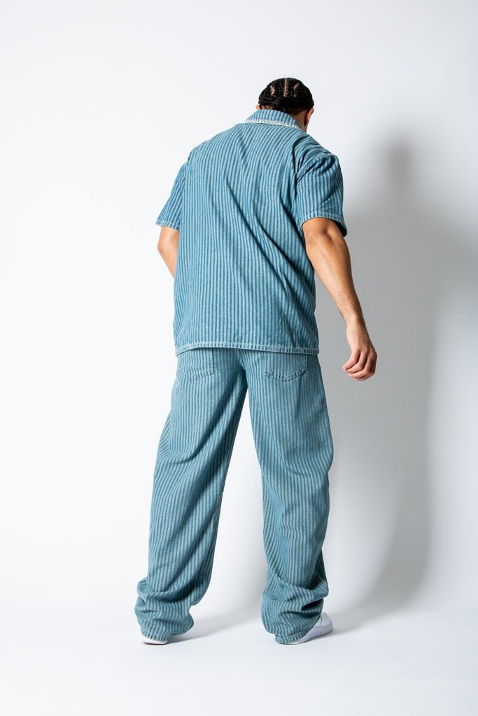 Blue Baggy Pinstripe Jeans With Embroidered Seam - Liquor n Poker