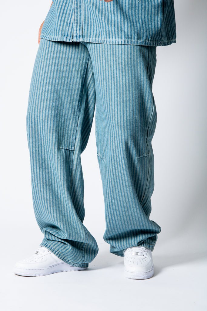 Blue Baggy Pinstripe Jeans With Embroidered Seam - Liquor n Poker