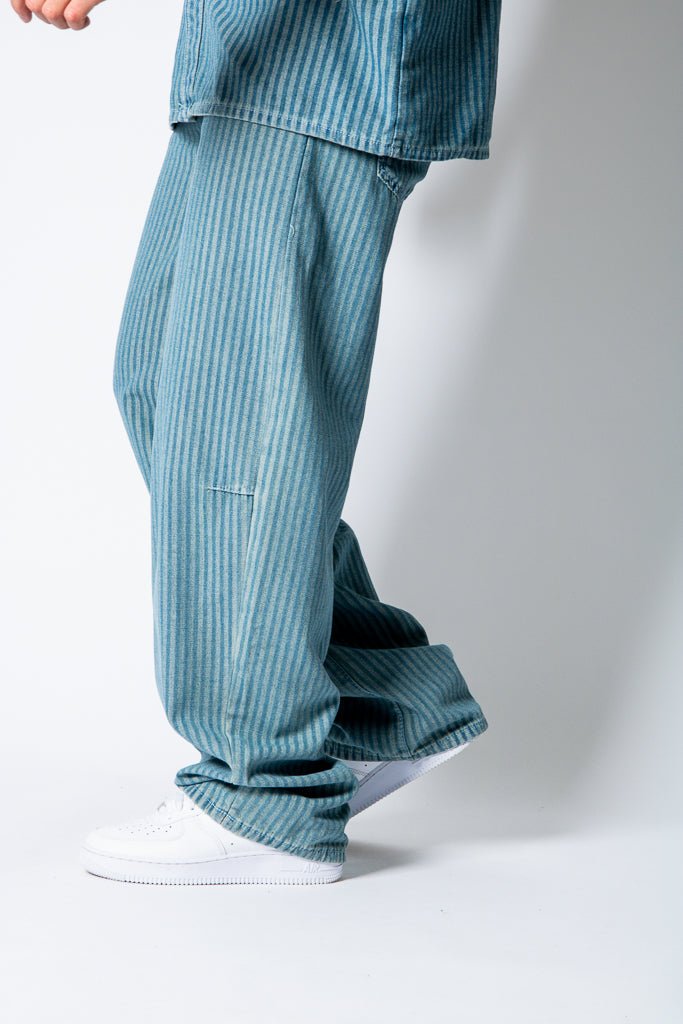 Blue Baggy Pinstripe Jeans With Embroidered Seam - Liquor n Poker