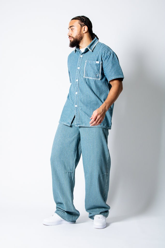 Blue Baggy Pinstripe Jeans With Embroidered Seam - Liquor n Poker