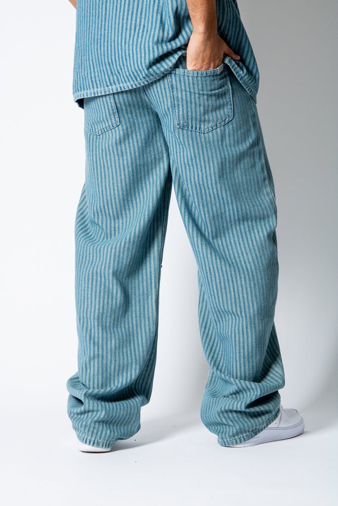 Blue Baggy Pinstripe Jeans With Embroidered Seam - Liquor n Poker