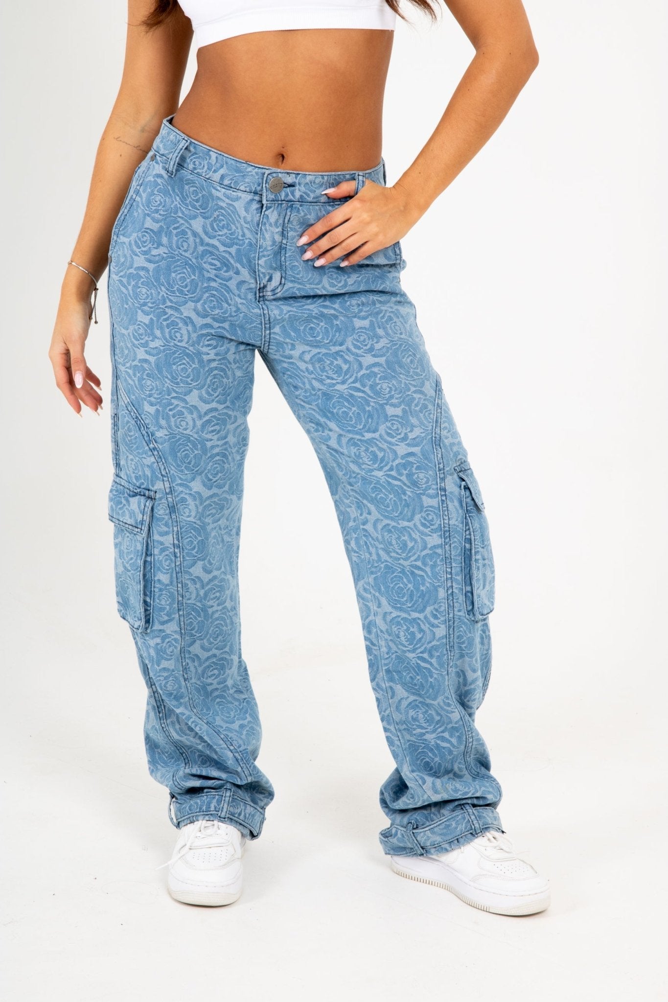 Blue Denim Floral Jacquard Cargo Jean - Liquor n Poker