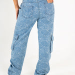 Blue Denim Floral Jacquard Cargo Jean - Liquor n Poker