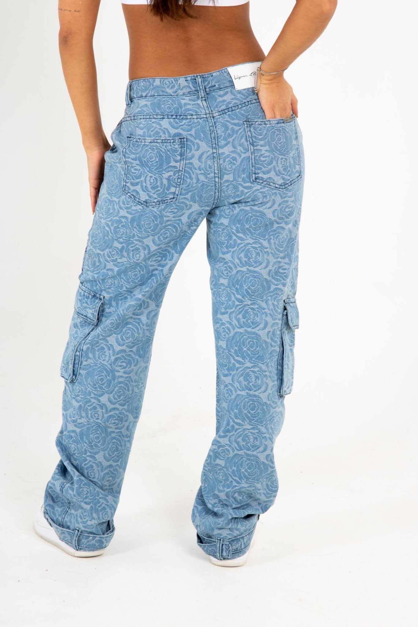 Blue Denim Floral Jacquard Cargo Jean - Liquor n Poker