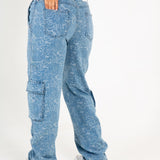 Blue Denim Floral Jacquard Cargo Jean - Liquor n Poker