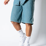 Blue Pinstripe Jorts With Embroidered Hem - Liquor n Poker