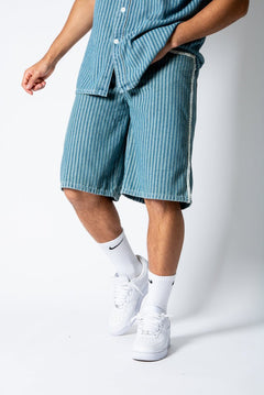 Blue Pinstripe Jorts With Embroidered Hem - Liquor n Poker
